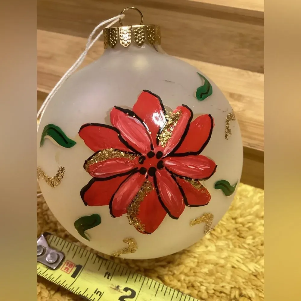 Festive Hand Painted Red Poinsettia Glass Christmas Tree Bulb Holiday Ornament